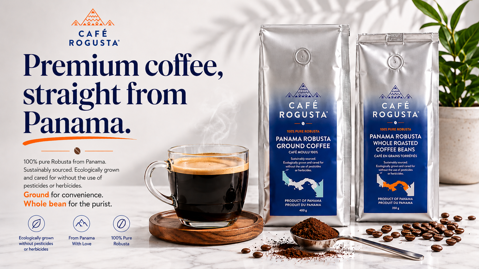 Café Rogusta — Premium coffee, straight from Panama. 100% pure Robusta, sustainably sourced and ecologically grown without pesticides or herbicides.